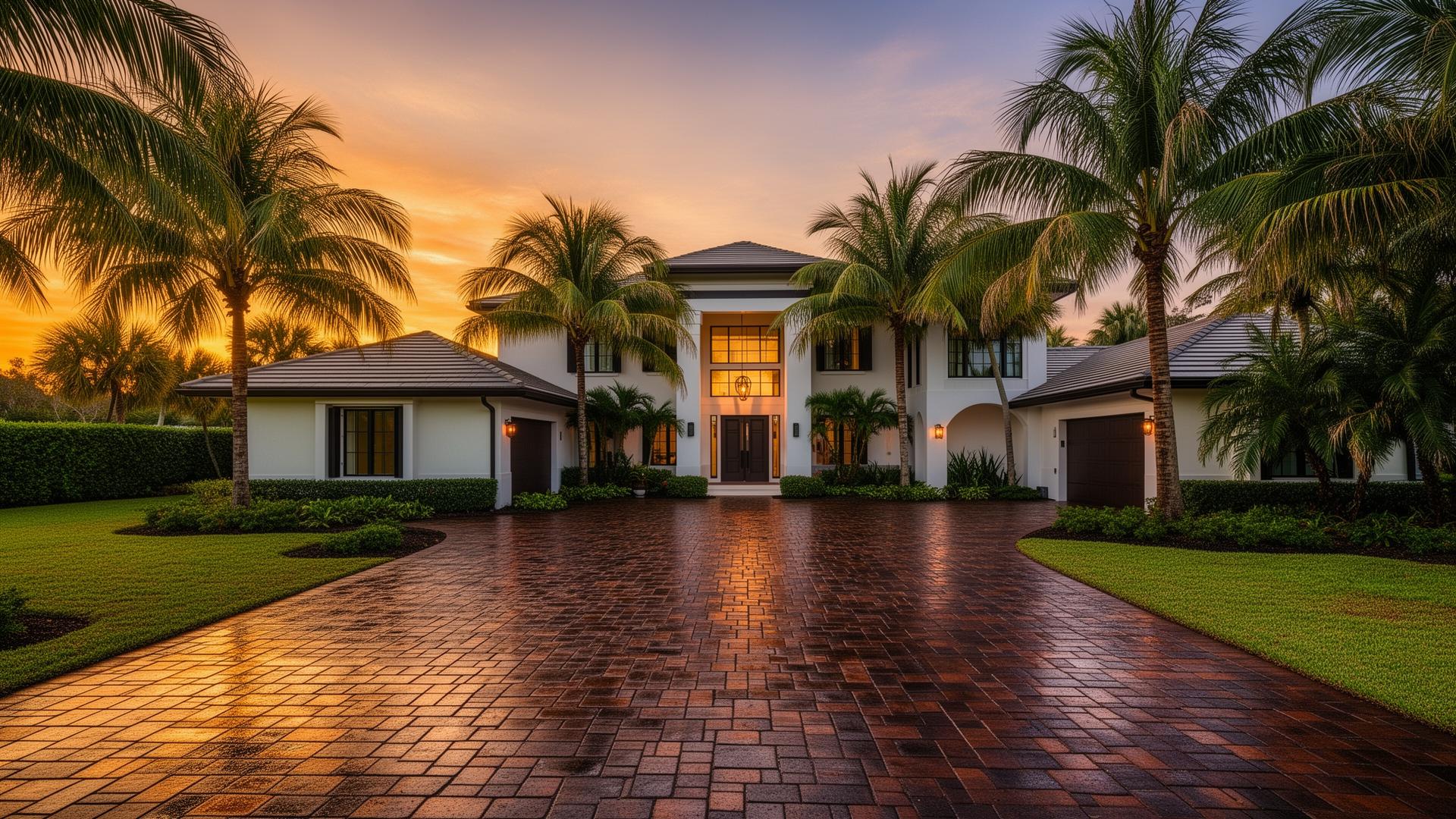 Freshly sealed paver driveway at a Wellen Park Florida home