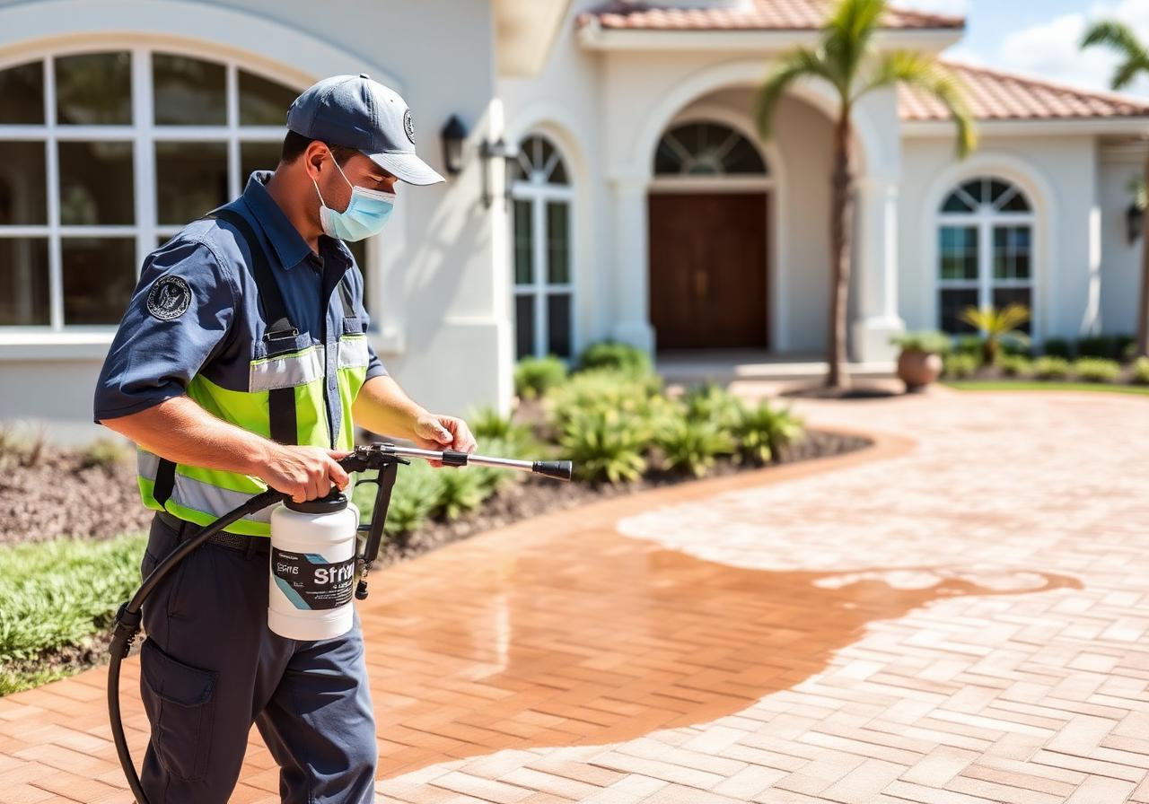 Technician applying paver sealer at a Wellen Park home